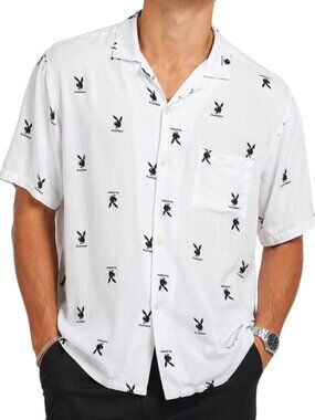 🫶 Playboy x Pacsun Men's Party Shirt Bunny Logo White Black ~ XL